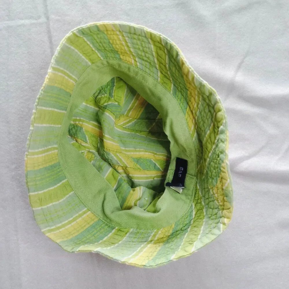 Vtg Gap Cotton Bucket Sun Hat Cap Green Yellow Stripe Beach Infant Toddler S/M